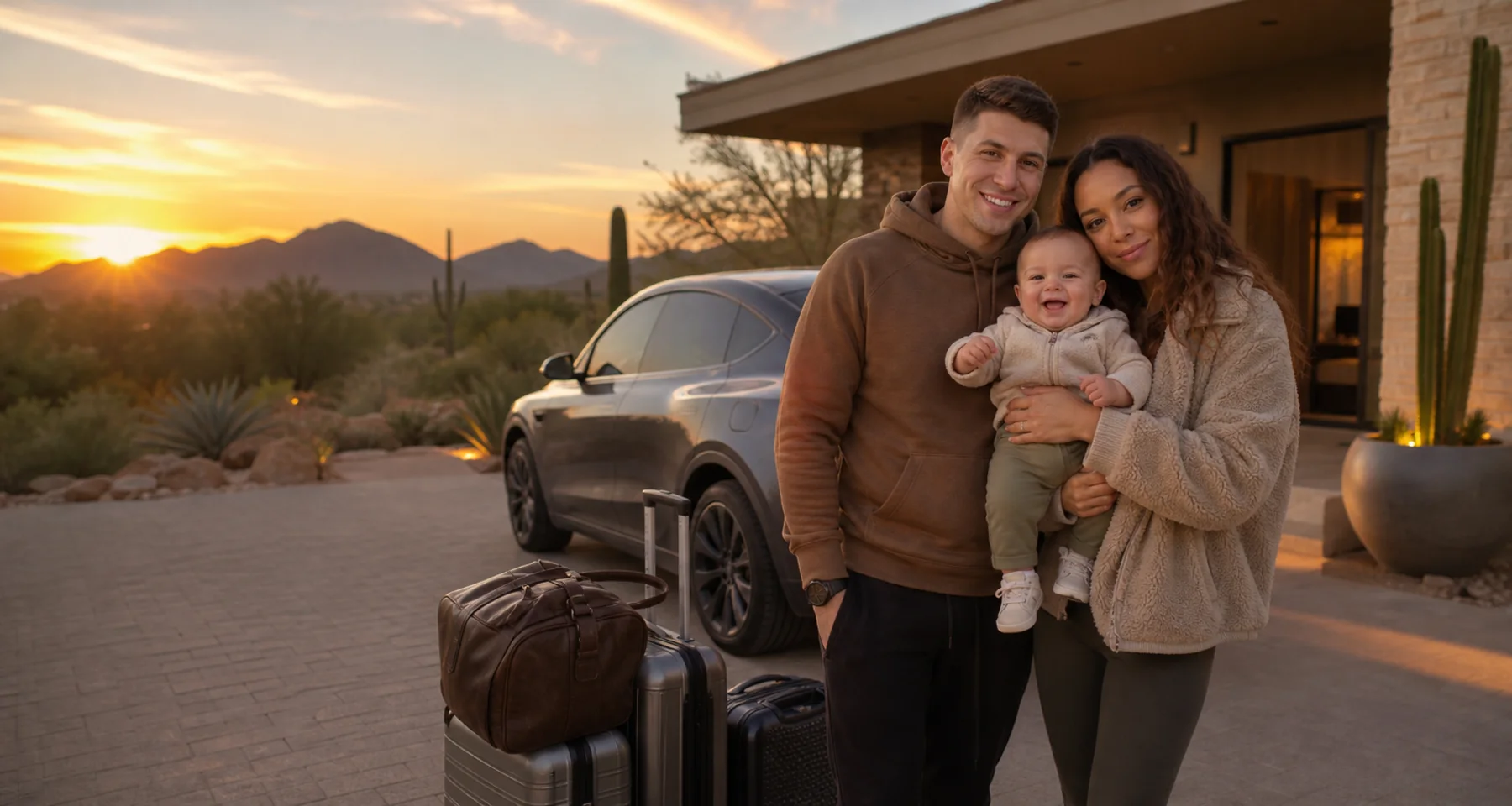 Erick, Denice, and Bennett arriving in Scottsdale at golden hour