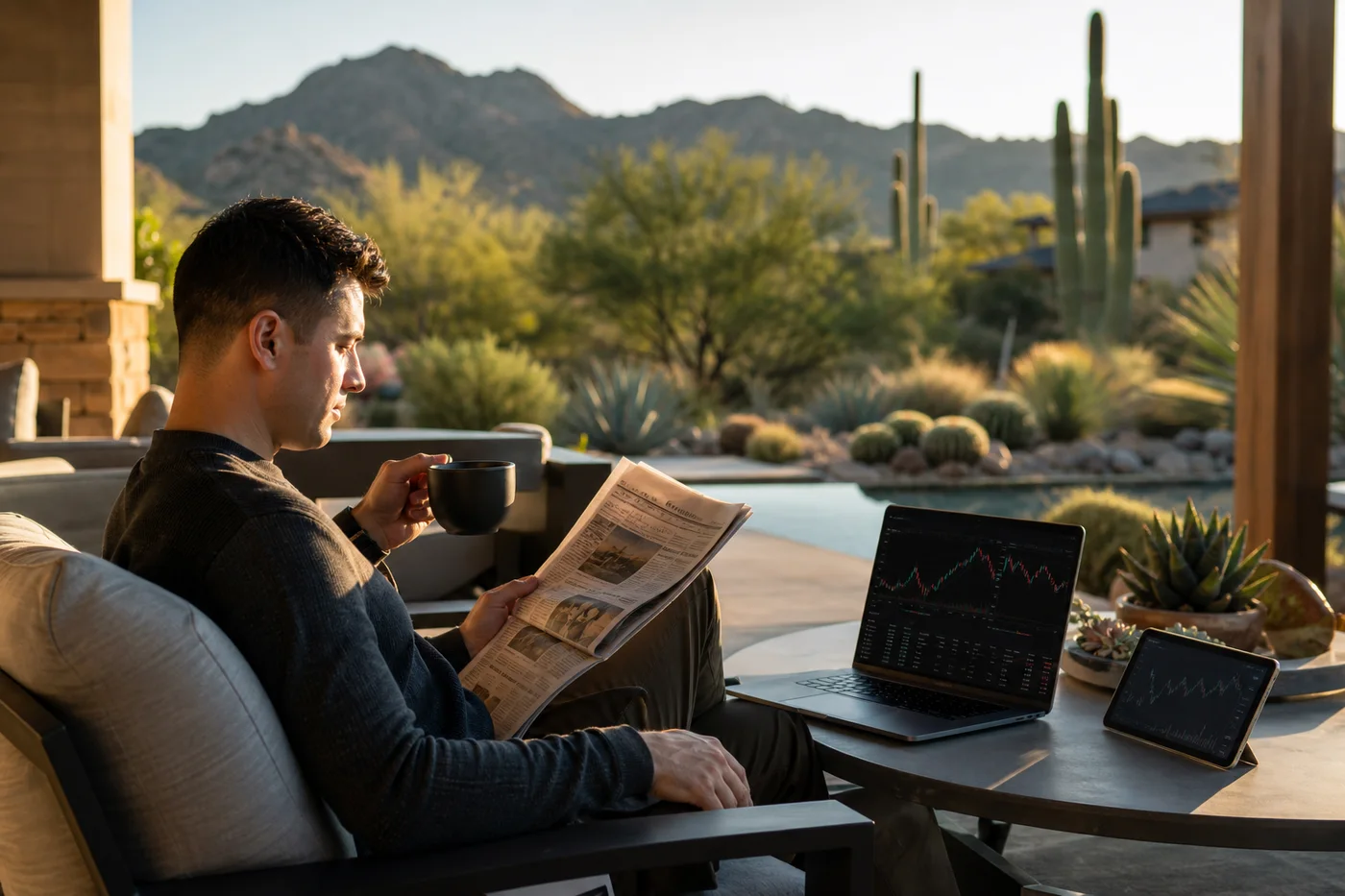 Erick with coffee and market news on a Scottsdale patio