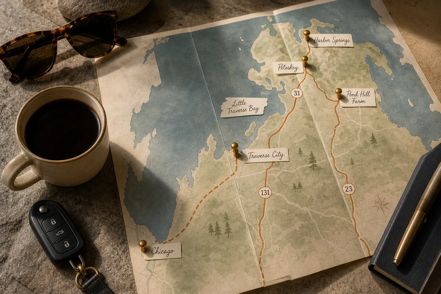 AI-generated Northern Michigan route-planning still life for Chicago, Petoskey, Traverse City, Harbor Springs, Pond Hill, Little Traverse Bay, US-31, US-131, and US-23