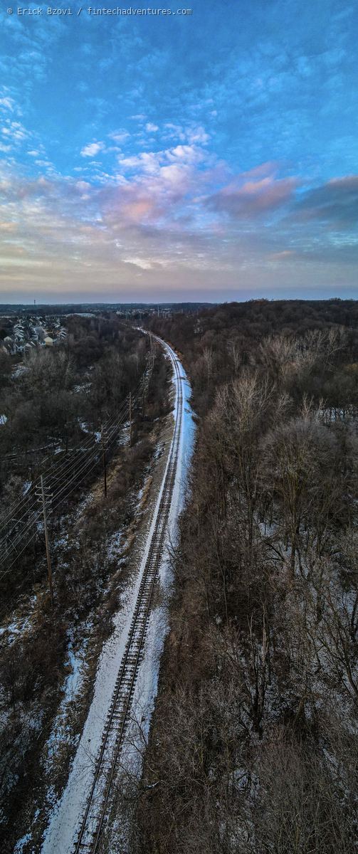 Aerial vertical view of a single track rail line curving through bare winter woods under a pastel dawn sky, with subdivision rooftops and power lines along the left edge, Ann Arbor, Michigan