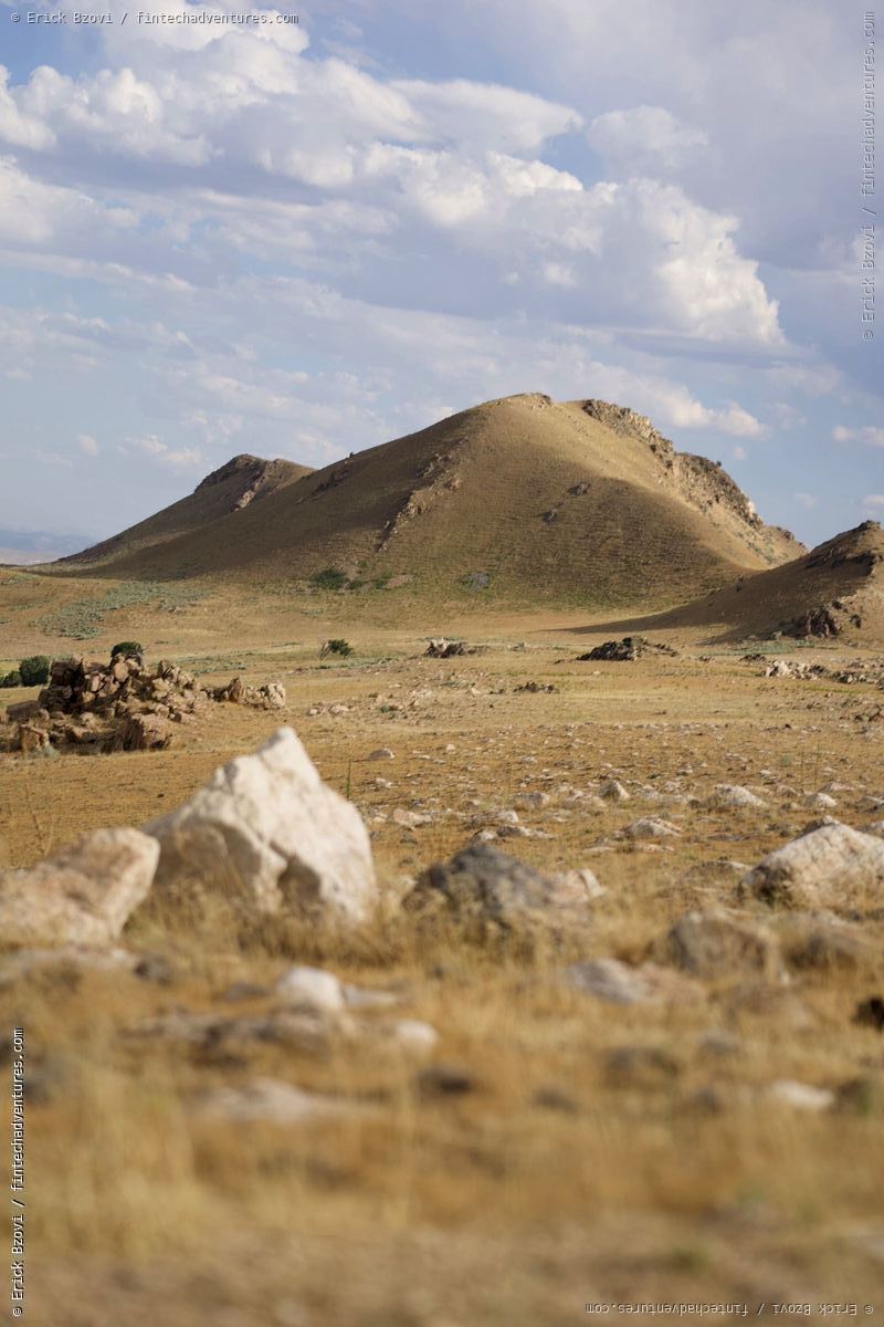 Rocky desert terrain and open grasslands on Antelope Island in the Great Salt Lake, Utah