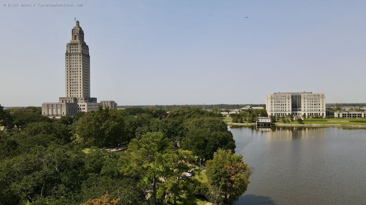 Aerial view of the Louisiana State Capitol tower and Capitol Lake in Baton Rouge, Louisiana