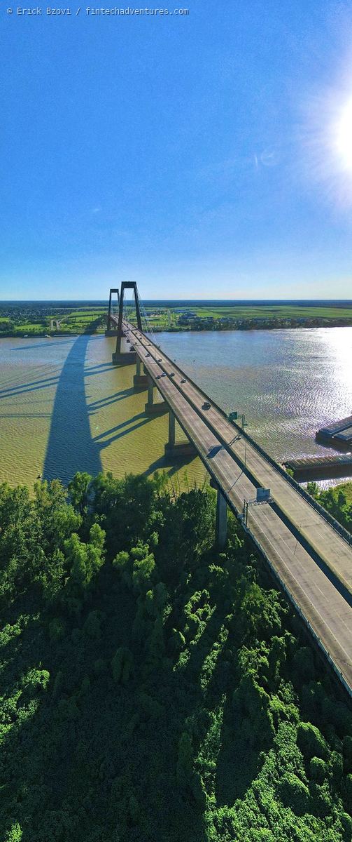 Aerial drone view of the Hale Boggs Memorial Bridge, a cable-stayed span carrying Interstate 310 across the Mississippi River at Luling, Louisiana