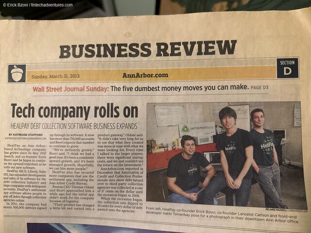 AnnArbor.com Business Review newspaper clipping: Tech company rolls on — HealPay co-founders Erick Bzovi, Lancelot Carlson and developer Hakki Tomanbay in their downtown Ann Arbor office, March 2013