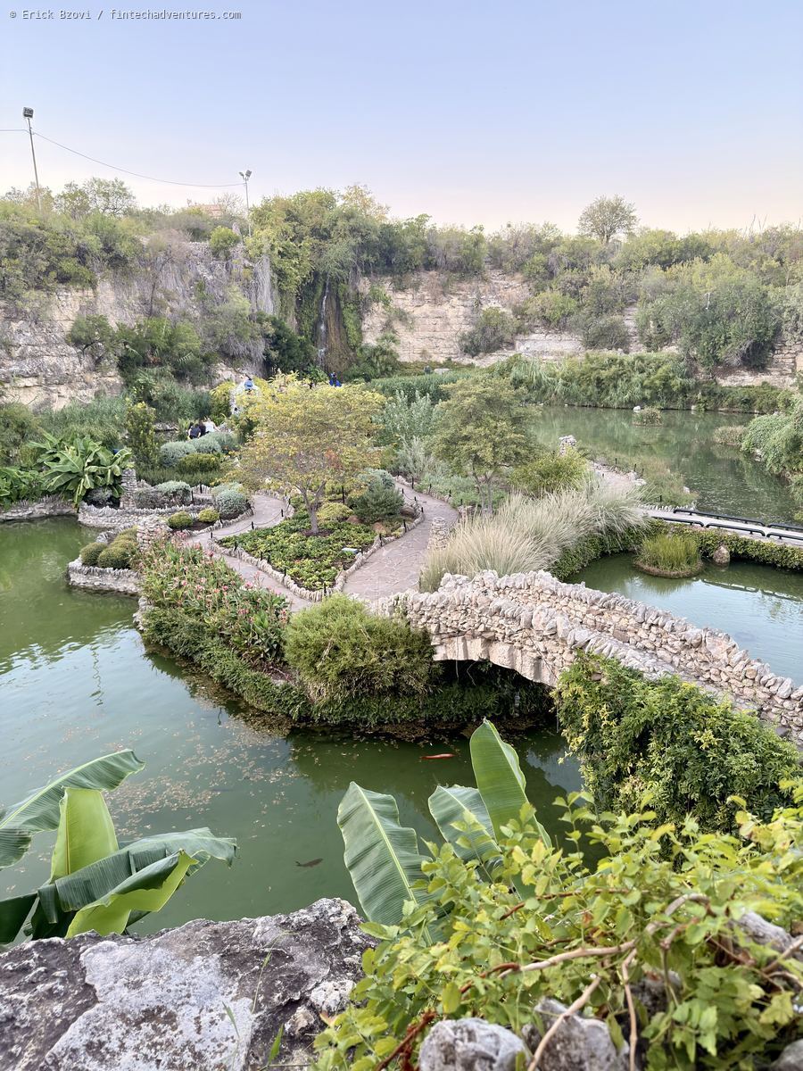 Limestone bridge, ponds, and planted paths at the Japanese Tea Garden in San Antonio, Texas
