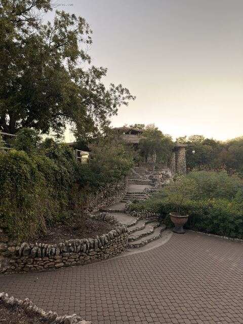 Stone steps and rustic garden walls at the Japanese Tea Garden in San Antonio, Texas