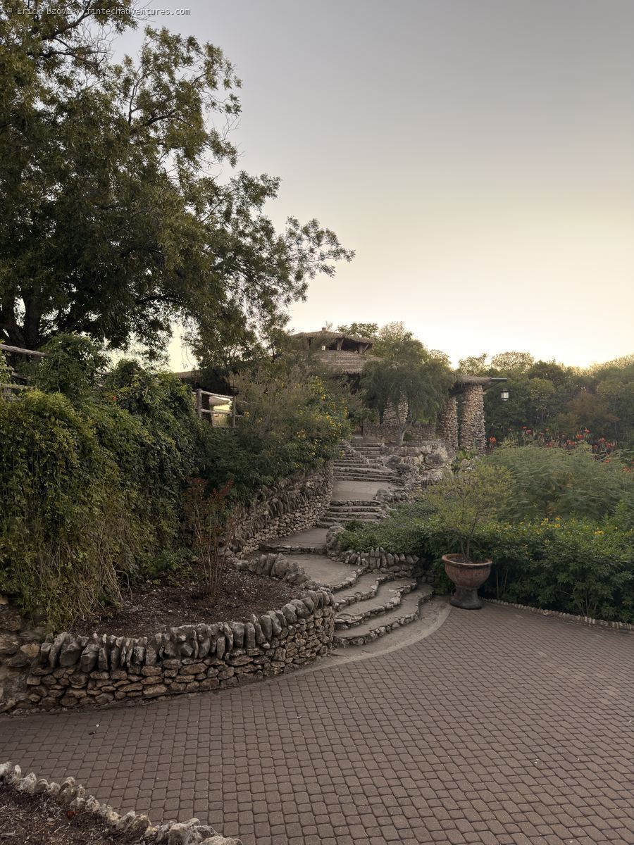 Stone steps and rustic garden walls at the Japanese Tea Garden in San Antonio, Texas