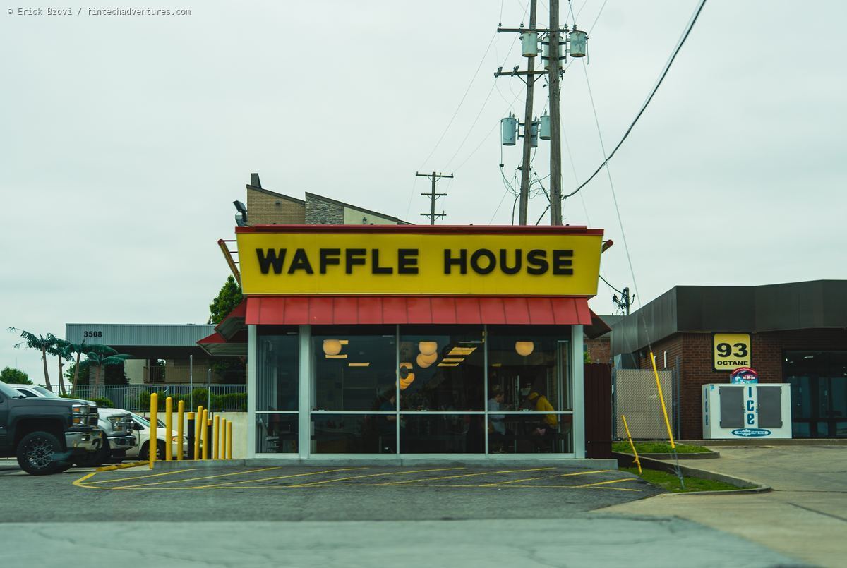 Waffle House storefront on an overcast day in Joplin, Missouri