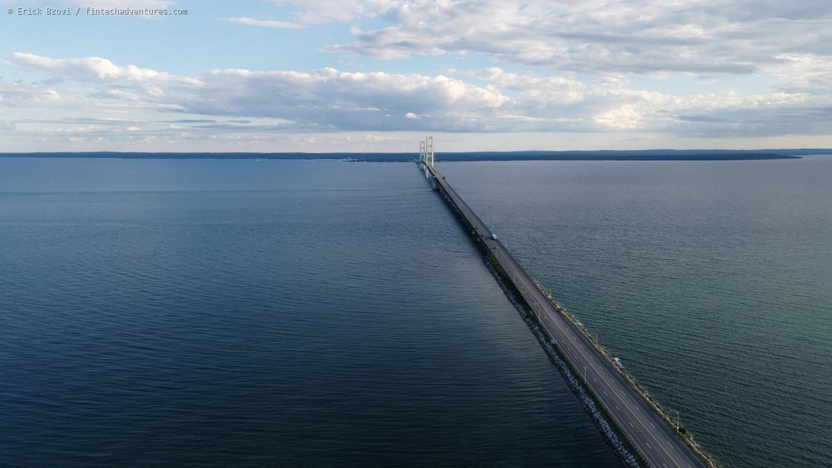 Mackinac Bridge spanning the Straits of Mackinac connecting Michigan's upper and lower peninsulas
