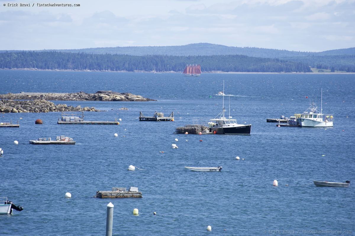 Lobster boats and moorings in a harbor along the Maine coast with forested islands in the distance