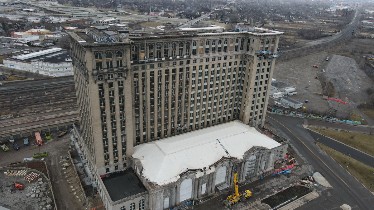 Aerial view of Michigan Central Station under restoration in Corktown, Detroit in January 2021