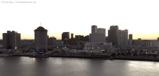Downtown New Orleans skyline at dusk seen across the Mississippi River, Louisiana