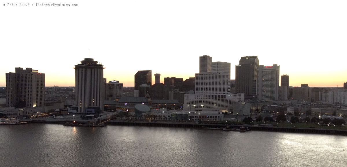 Downtown New Orleans skyline at dusk seen across the Mississippi River, Louisiana