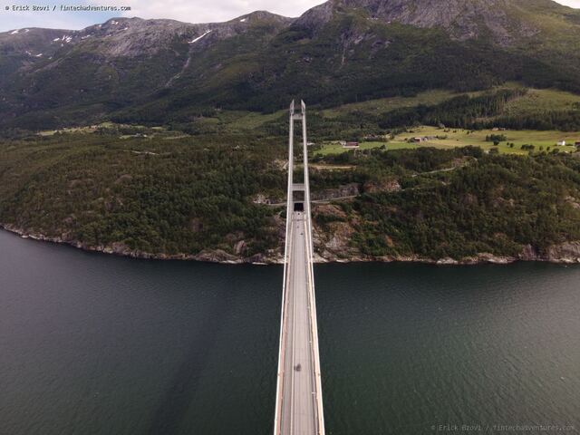 Aerial drone view of a suspension bridge spanning a Norwegian fjord with mountains rising behind