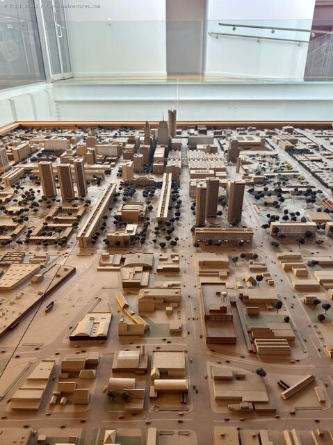 Scale model of downtown Oklahoma City showing streets, towers, trees, and civic buildings from decades ago