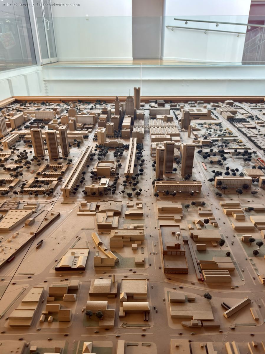 Scale model of downtown Oklahoma City showing streets, towers, trees, and civic buildings from decades ago