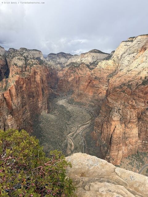 Red rock canyon walls and switchback roads in Zion National Park, Utah